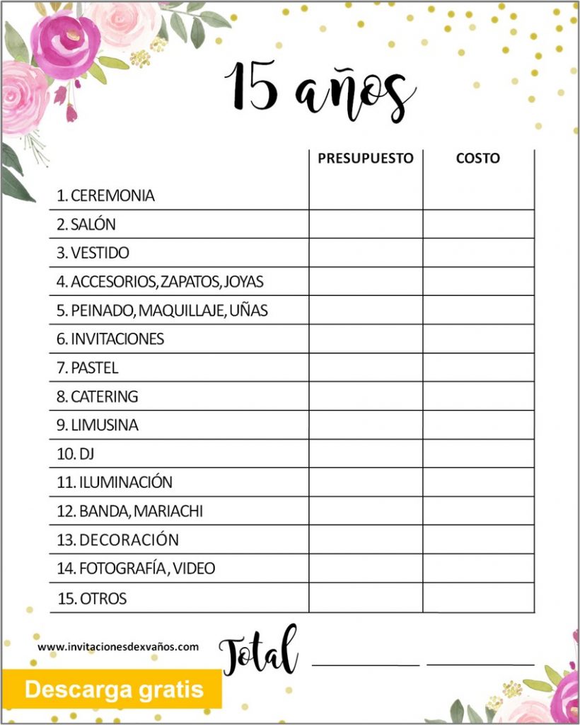 Planificador De Fiesta De Xv Años para imprimir XV Años